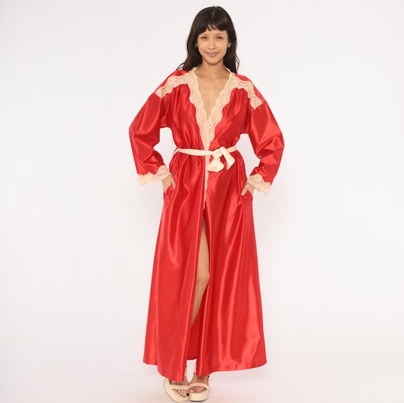 70s Red Satin Robe Lace Trim Maxi Duster Crimson Lingerie Kimono Tie Front Housecoat Scarlet Cream Coquette Glamour Boudoir Vintage Medium M