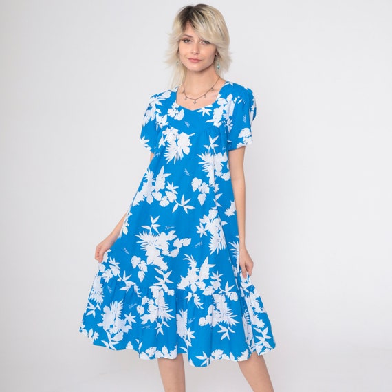 Hawaiian Mini Dress Blue Floral Tent Dress Boho 80s Tropical Aloha Bohemian Vintage 1980s Retro Trapeze Puff Sleeve Dress Flounce Small S