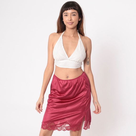 Raspberry Slip Skirt 70s Lingerie Skirt LACE Slip Midi Front Slit Pinup High Waisted Boho 1970s Vintage Pin Up Small Medium