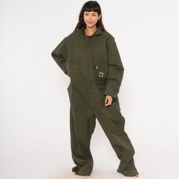 Olive Insulated Coveralls 2000s Duck Canvas One Piece Workwear Jumpsuit Brown Corduroy Collar Army Green Full Bodysuit Utility Plus Size 3XL