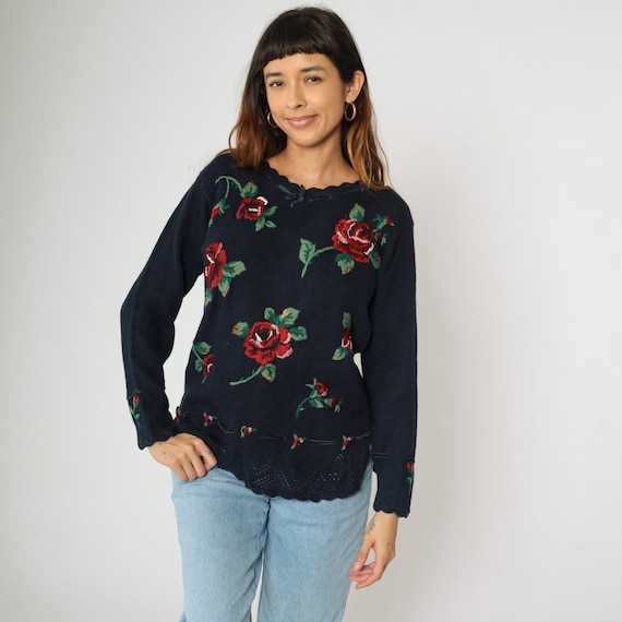 Vintage Embroidered Floral Sweater 90s Knit Rose Sweater Boho Navy Blue Crochet Openwork Sweater Cotton Ramie 1990s Pullover Petite Medium M