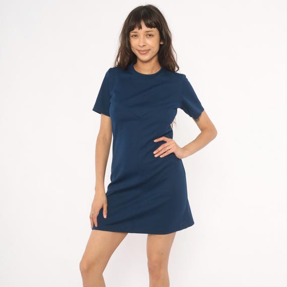 70s Navy Blue Shift Dress Mini A Line Short Sleeve Crew Neck Back Zip Mod Style Sears Smooth Knit Vintage Minimalist Women Small S