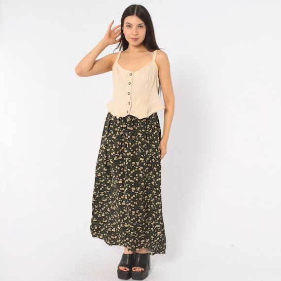 90s Daisy Floral Dress Navy Cream Cotton Button Front Sleeveless Knit Bodice Polka Dot Grunge Dark Cottagecore Summer Sundress Medium M