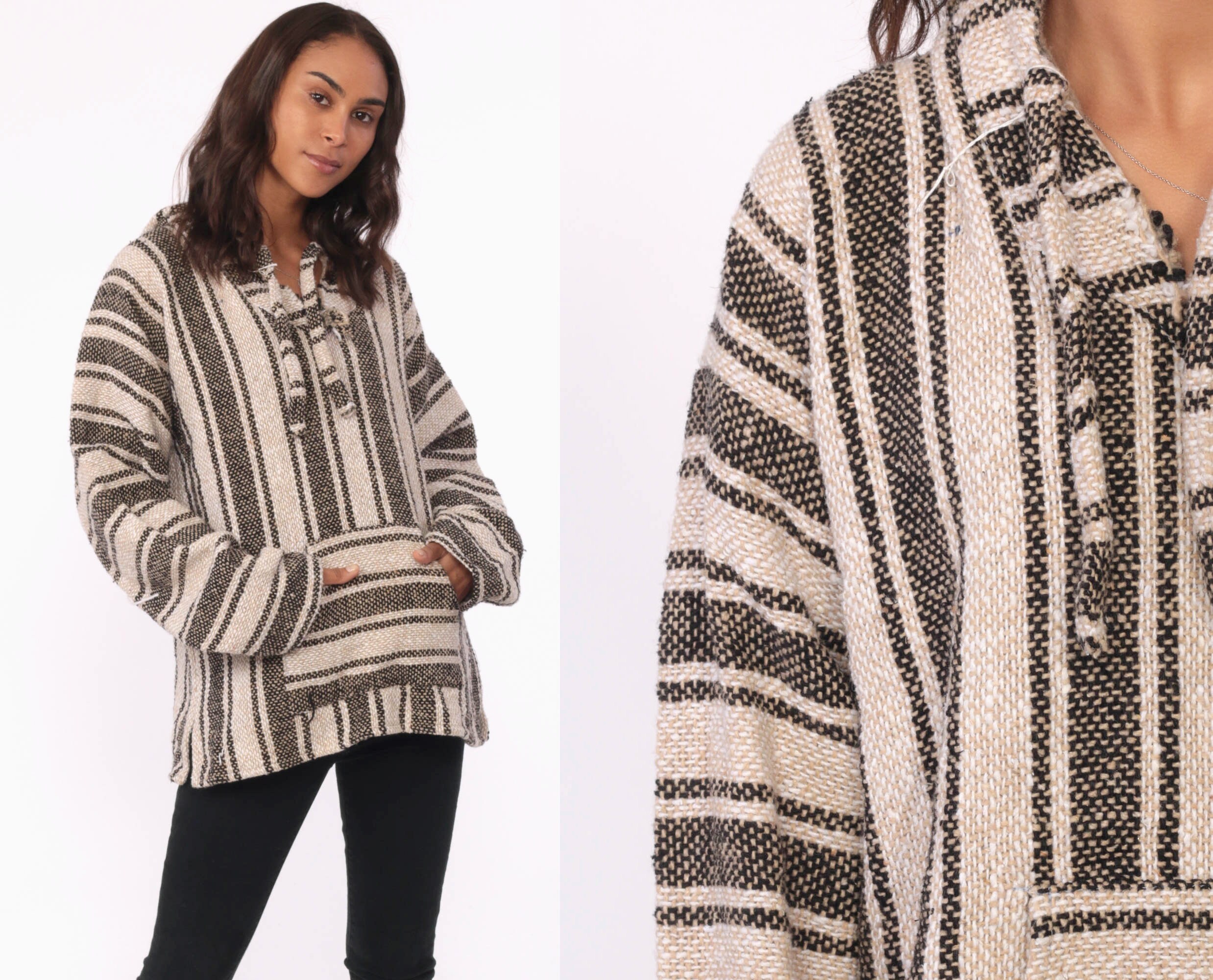 Tan Drug Rug Baja Hoodie Mexican Sweatshirt Hippie Boho Hooded Ethnic Vintage Blanket Stripe Bohemian Kangaroo Large