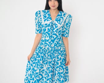 80s Blue Leopard Print Dress Lace Up Corset Bodice Eyelet Lace Trim Sailor Collar Puff Sleeve Vintage 1980s Fit and Flare Midi Dress Medium