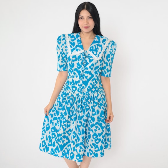 80s Blue Leopard Print Dress Lace Up Corset Bodice Eyelet Lace Trim Sailor Collar Puff Sleeve Vintage 1980s Fit and Flare Midi Dress Medium