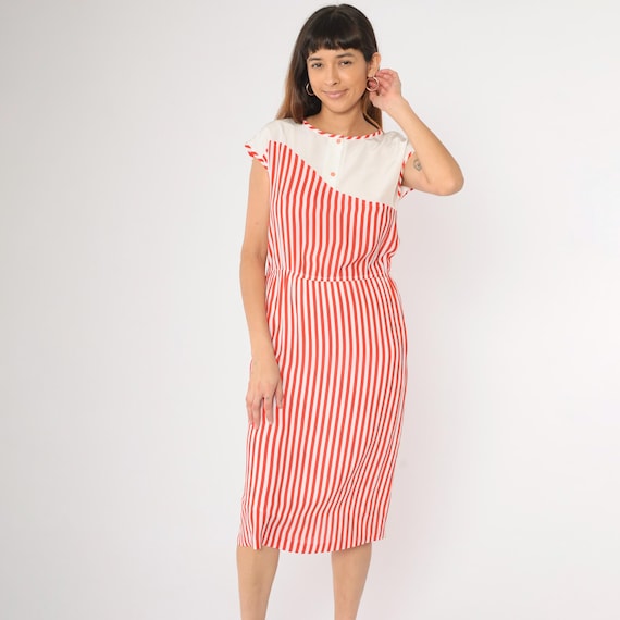 Vintage Red White Striped Dress 80s Nautical Midi Cotton Cap Sleeve Button Front 1980s Summer Casual Day Sailor Preppy Resort Fashion Small