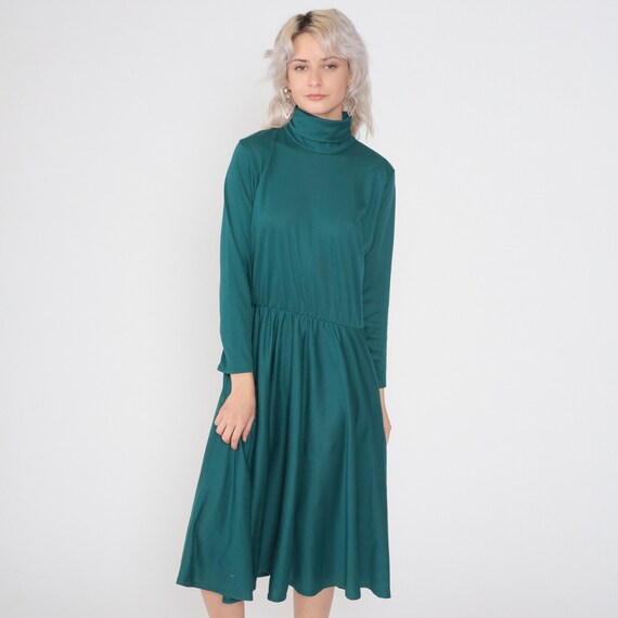 Green Turtleneck Dress 70s Midi Day Dress High Waisted Long Sleeve Turtle Neck Retro Basic Plain Simple Vintage 1970s Impromptu Medium