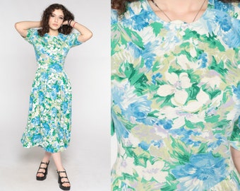 80s Floral Dress Puff Sleeve Green Blue Midi Dress Romantic Watercolor Flower Print Cottagecore Granny Vintage 1980s Low Waist Small Medium