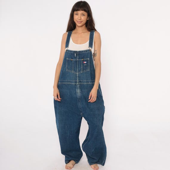 90s Denim Overalls Blue Cotton USA Work Vintage Wide Leg Maxi Workwear Dungarees Baggy Carpenter Utility Pockets Medium Wash Extra Large XL