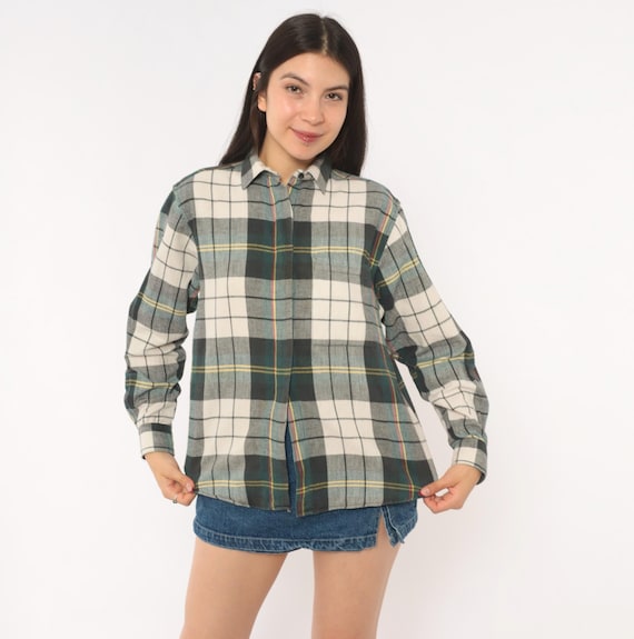 80s Plaid Flannel Shirt Diane Von Furstenberg DVF Grey Green Cream Long Sleeve Collar Point Grunge Check Top Tartan Blouse Vintage One Size