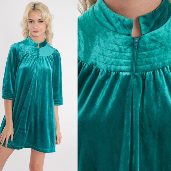 Velour Lounge Dress 70s Green Mini Tent Dress Zip Up Nightie Retro Nightgown Sleep House Robe Pajama Dress Vintage 1970s Loungewear Medium M