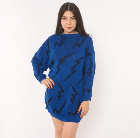 80s Lightning Bolt Sweater Blue Black Zigzag Knit Pullover Long Sleeve Graphic New Wave Electric Vintage Jumper Royal Tunic Top Medium M