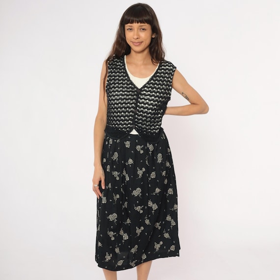 90s Vest Dress Black Floral Rose Print Attached Vest Overlay Midi Length Textured Crochet Layered Minimalist Vintage Nerdy Small Medium S M