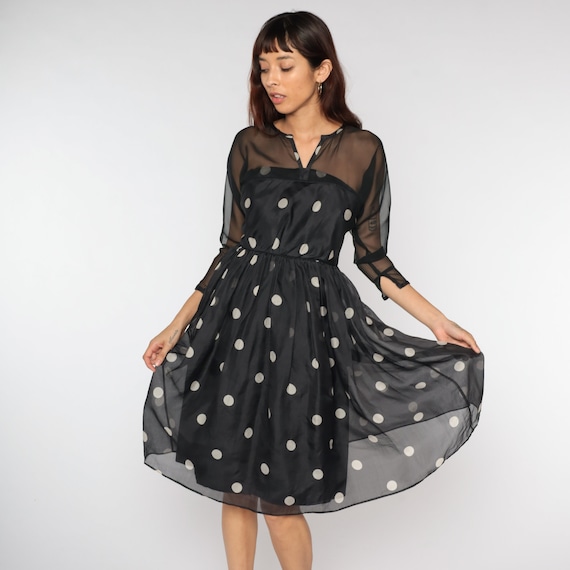 Polka Dot Party Dress 80s Cocktail Black White Prom Knee Length Illusion Neckline Dress Formal Evening Sheer Sleeve Vintage Full Skirt Small