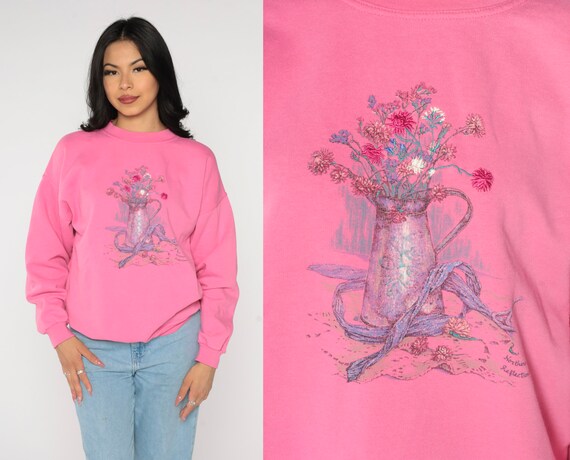Flower Pot Sweatshirt 90s Hot Pink Floral Sweatsh… - image 1