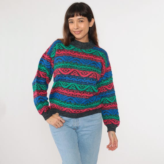 Vintage Striped Knit Sweater 80s Blue Green Red Geometric Mock Neck Acrylic Pullover 1980s Jacquard Knitwear Medium