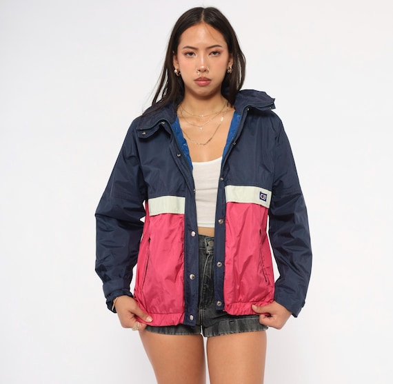 80s CB Sports Windbreaker Navy Pink Color Block Hooded Zip Up Rain Jacket Hiking Outdoor Coat Colorblock Windbreaker Medium M