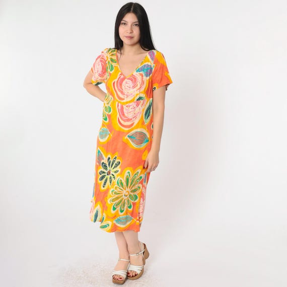 00s Jams World Dress Tropical Midi Dress Abstract Floral Dress Retro Flower Orange Short Sleeve High Waist Vintage 2000s Silk Large L