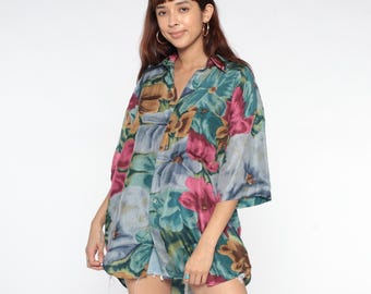 Floral Silk Shirt 90s Hawaiian Inspired Print Short Sleeve Teal Pink Blue Gold Pure Silk Blouse Summer Vacation Wear Vintage Extra Large XL