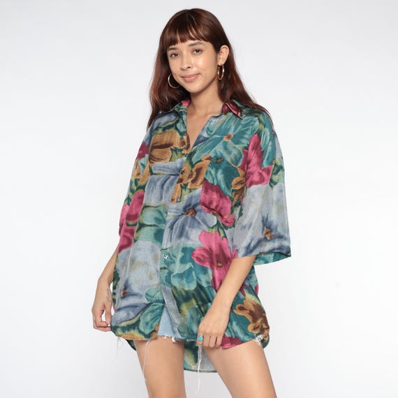 Floral Silk Shirt 90s Hawaiian Inspired Print Short Sleeve Teal Pink Blue Gold Pure Silk Blouse Summer Vacation Wear Vintage Extra Large XL