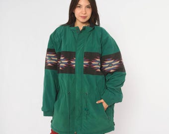 90s Roper Teal Green Southwestern Jacket Coat Black Aztec Geometric Print Western Windbreaker Parka Lined Cotton Trim Extra Large XL