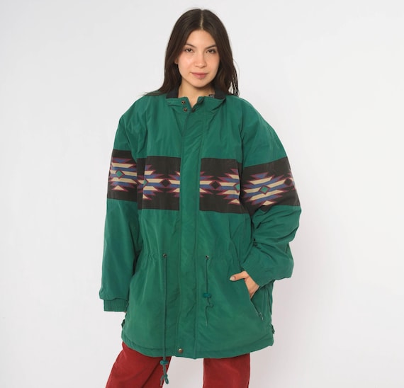 90s Roper Teal Green Southwestern Jacket Coat Black Aztec Geometric Print Western Windbreaker Parka Lined Cotton Trim Extra Large XL