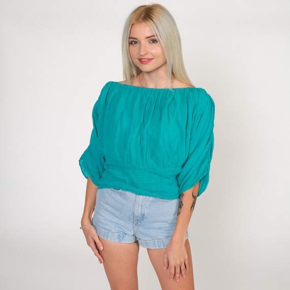 Teal Off Shoulder Top Smocked Peasant Shirt Hippie Boho Blouse 90s Ruched 1/2 Sleeve Green Summer Top Bohemian Blouse Vintage Small Medium