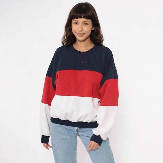 80s Color Block Sweatshirt Navy Red White Striped Henley Button Neck Pullover Vintage Athletic Rugby Style Unisex Crew Ribbed Cuffs Medium M