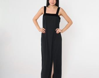 Vintage Schwarzes Maxi Kleid 90er Jahre Ärmellos Party Kleid Hoher Schlitz Samtband Cocktail Ausgehen 1990er Jahre Etuikleid Trägerkleid Medium
