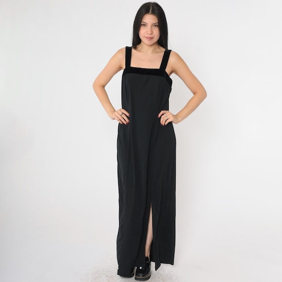 Vintage Black Maxi Dress 90s Sleeveless Party Dress High Slit Velvet Trim Cocktail Going Out 1990s Sheath Tank Strap Medium