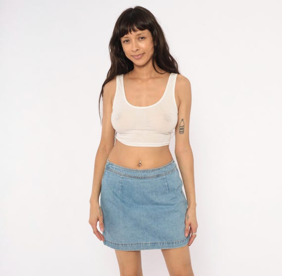 90s Denim Mini Skirt Light Wash Blue Cotton Jean Low Rise Casual Summer Minimalist Short Vintage Exp  Alternative Grunge Womens Medium M
