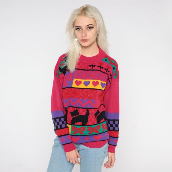 Scottie Dog Sweater 80s Kawaii Grandma Sweater Pink Knit Geometric Hearts Tulips Flowers Bows Novelty Print Pullover Retro Vintage Medium M