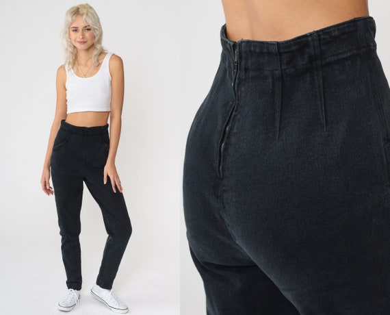 90s Black Jeggings High Waisted Jeans 1990s Taper… - image 1