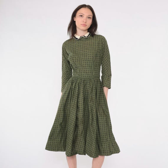 Vintage 50s Fit Flare Dress Olive Green Geometric Print 1950s Peter Pan Collar Full Skirt Midi 3/4 Sleeve Mid Century Extra Small xs