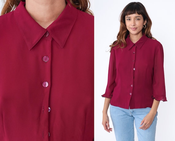 Raspberry Ruffle Blouse y2k Sheer Sleeve Button Up Shirt Collared Top 3/4 Sleeve Retro Ruffled Shirt Formal Vintage 00s Medium 10