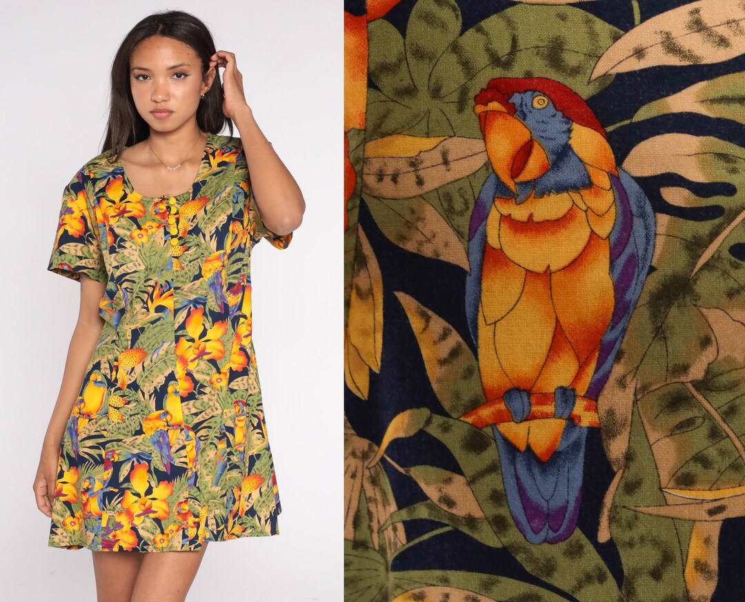 Watercolor Parrot Tropical Print Dress