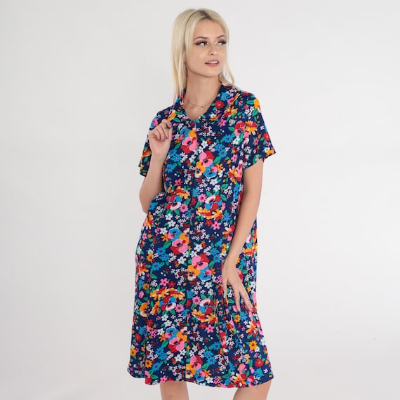 Bright Floral Dress 60s 70s Mod Shift Dress Zip Up House Dress Lounge Hippie Gogo Twiggy Collar Minidress Short Sleeve Blue Vintage Large