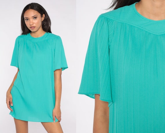 Teal Tent Dress 70s 80s Pleated Mini Dress Flowy Short Green Flutter Sleeve Minidress Summer Festival 1970s Vintage Trapeze Boho Large L