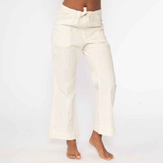 Bell Bottoms Pants 70s Off-White Cotton Drawstring Waist Bellbottom Trousers Boho Hippie Mid Rise 1970s Vintage Bohemian Small