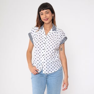 White Polka Dot Blouse 80s Button Up Shirt Navy Blue Striped Collar Retro Secretary Top Short Cap Sleeve Top Preppy Vintage 1980s Medium
