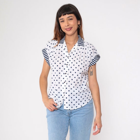 White Polka Dot Blouse 80s Button Up Shirt Navy Blue Striped Collar Retro Secretary Top Short Cap Sleeve Top Preppy Vintage 1980s Medium