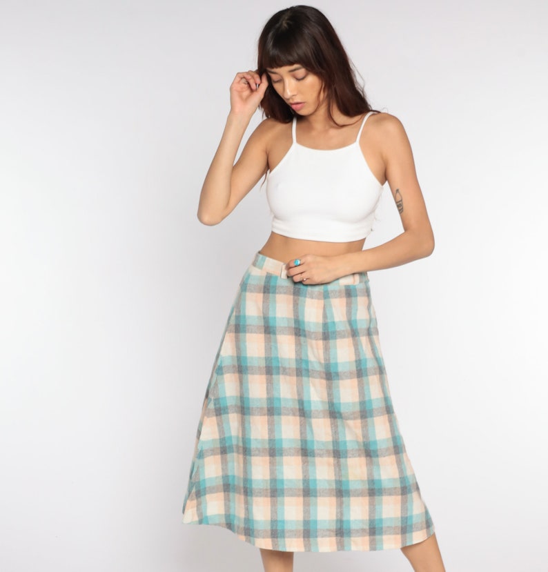 Wool Plaid Skirt Tartan Skirt Midi Kilt School Girl High Waist 70s Checkered Retro Vintage Turquoise White Peach Medium image 2