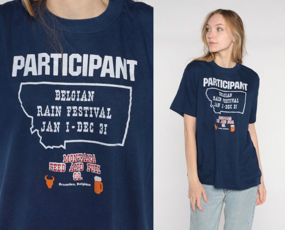 Belgian Rain Festival Shirt 80s Navy Blue Montana Graphic Tee Retro Joke Participant TShirt Brussels Vintage 1980s Single Stitch Large L