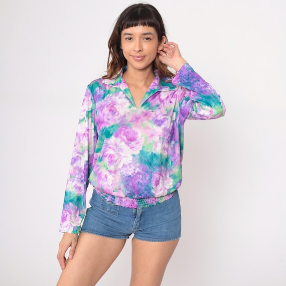 80s Floral Blouse Purple Lavender Green Rose Print V Neck Collar Cottagecore Fairycore Vintage Secretary Office Work Shirt Extra Large XL