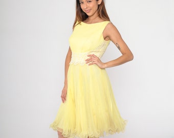 Vestido de fiesta de los años 60 con ribete de encaje amarillo, vestido de cóctel sin mangas, midi, cintura alta, plisado, cuello barco, vestido de graduación de los años 60, vestido formal vintage, talla pequeña S