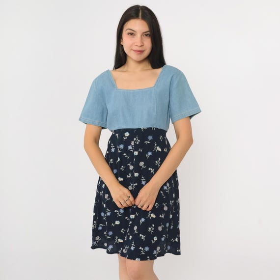 Vintage 90s Floral Denim Dress Babydoll Mini Jean Grunge Dress Summer 1990s High Waist Ditsy Revival Short Sleeve Blue Small Medium
