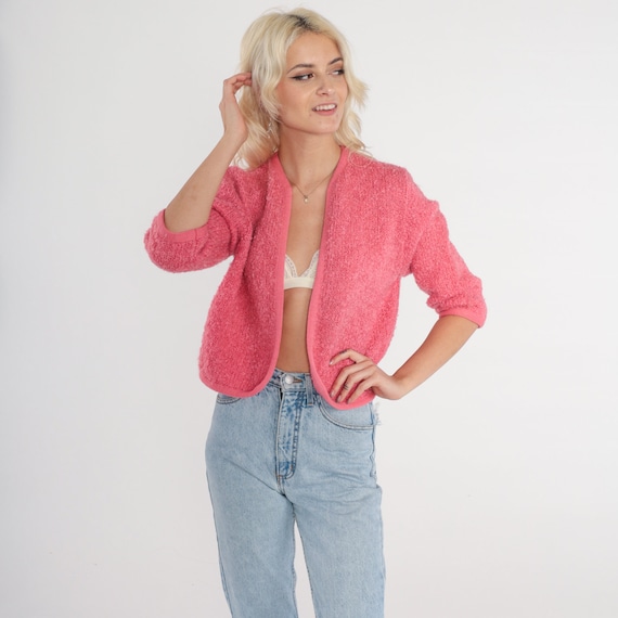 Pink Wool Cardigan 60s Open Front Knit Sweater Cr… - image 2