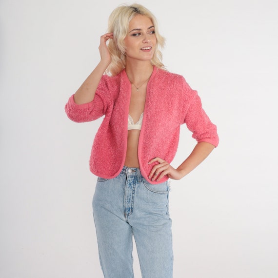 Pink Wool Cardigan 60s Open Front Knit Sweater Cropped 3/4 Sleeve Sixties Preppy Retro Knitwear Spring Bubblegum Girly Vintage 1960s Small S