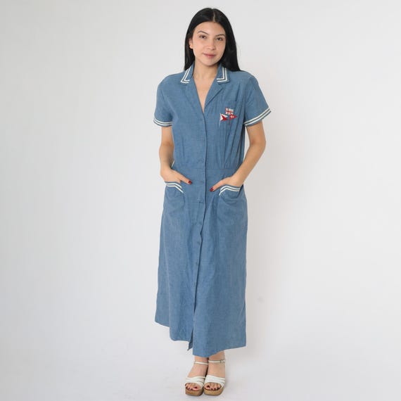 Vintage 80s Nautical Shirt Dress Chambray Blue Embroidered Sailing Flags Button Up Sailor Yacht Short Sleeve Pockets Midi 1980s Small Medium
